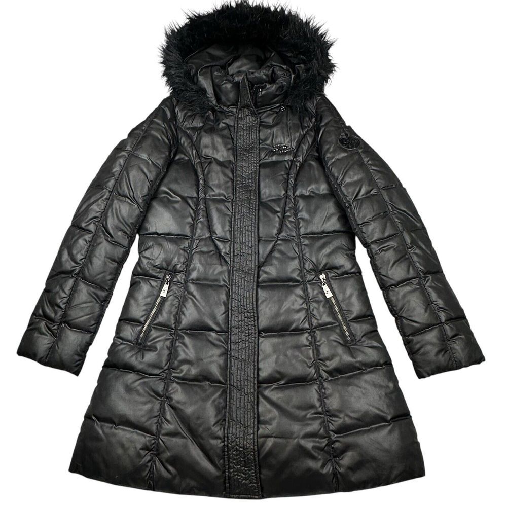 Apple Bottoms Parka Jacket MEDIUM Black Puffer Faux Fur Hood Nelly Y2K Hip Hop